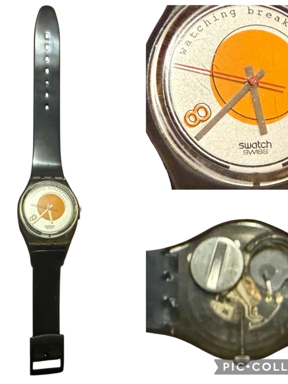 90’s Swatch Black Strap Watch Watching Breakfast version  Orange Dial Accent